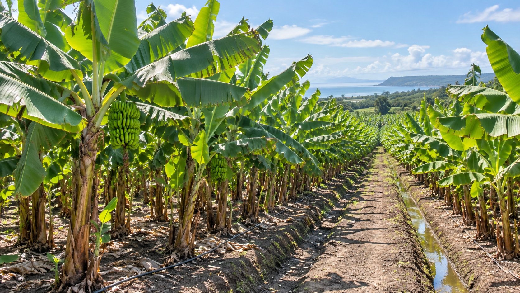 Plantación bananera ecuatoriana con cultivos en hileras y sistema de riego