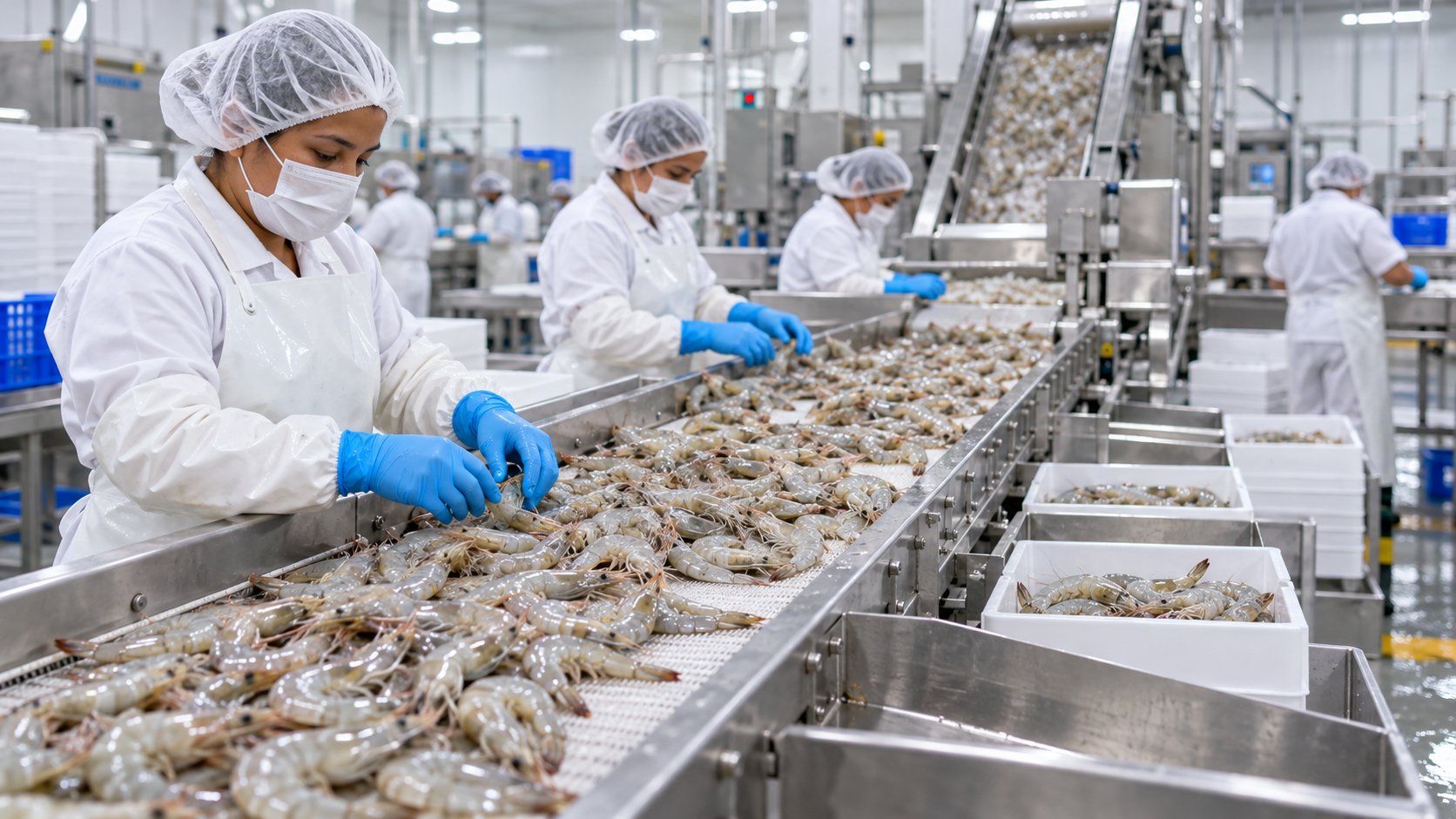 Línea de procesamiento y empaque de camarón con equipos de acero inoxidable